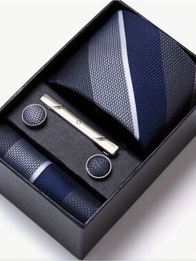 Men's Navy Stripe Tie Gift Set - Classic Navy Tie with Matching Accessories